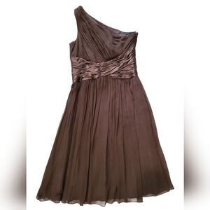 Maggy London One Shoulder Lined 100% Silk Dress Sz 10 Brown Pit To Pit 15" L 40"